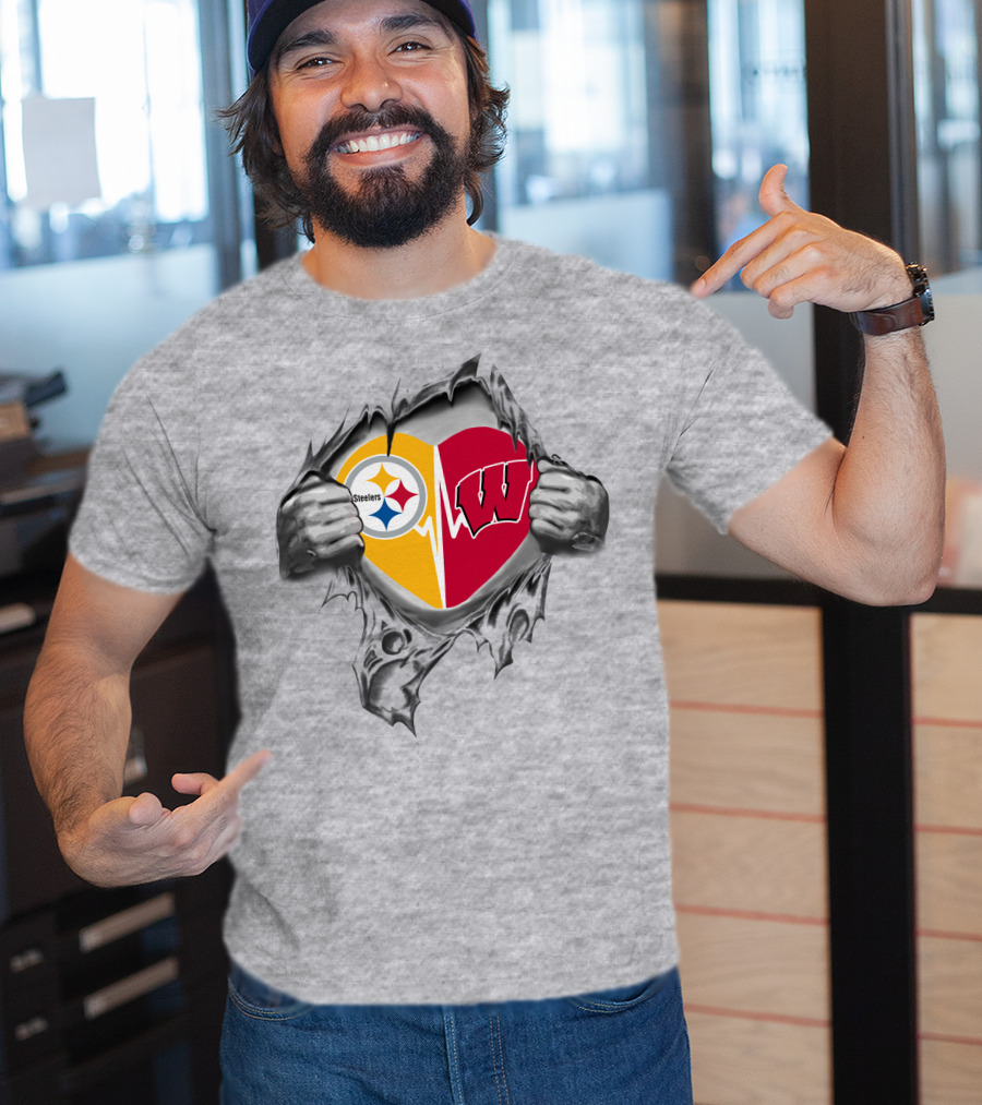 Steelers Wisconsin Badgers Heart Design With Icons T-Shirt