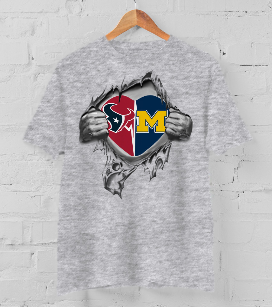 Texans Michigan Wolverines Heart Inside Revealed By Ripped Hands T-Shirt