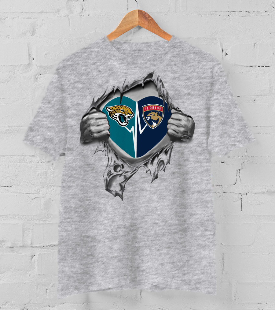 Jacksonville Jaguars Florida Panthers Heart Torn Fabric T-Shirt