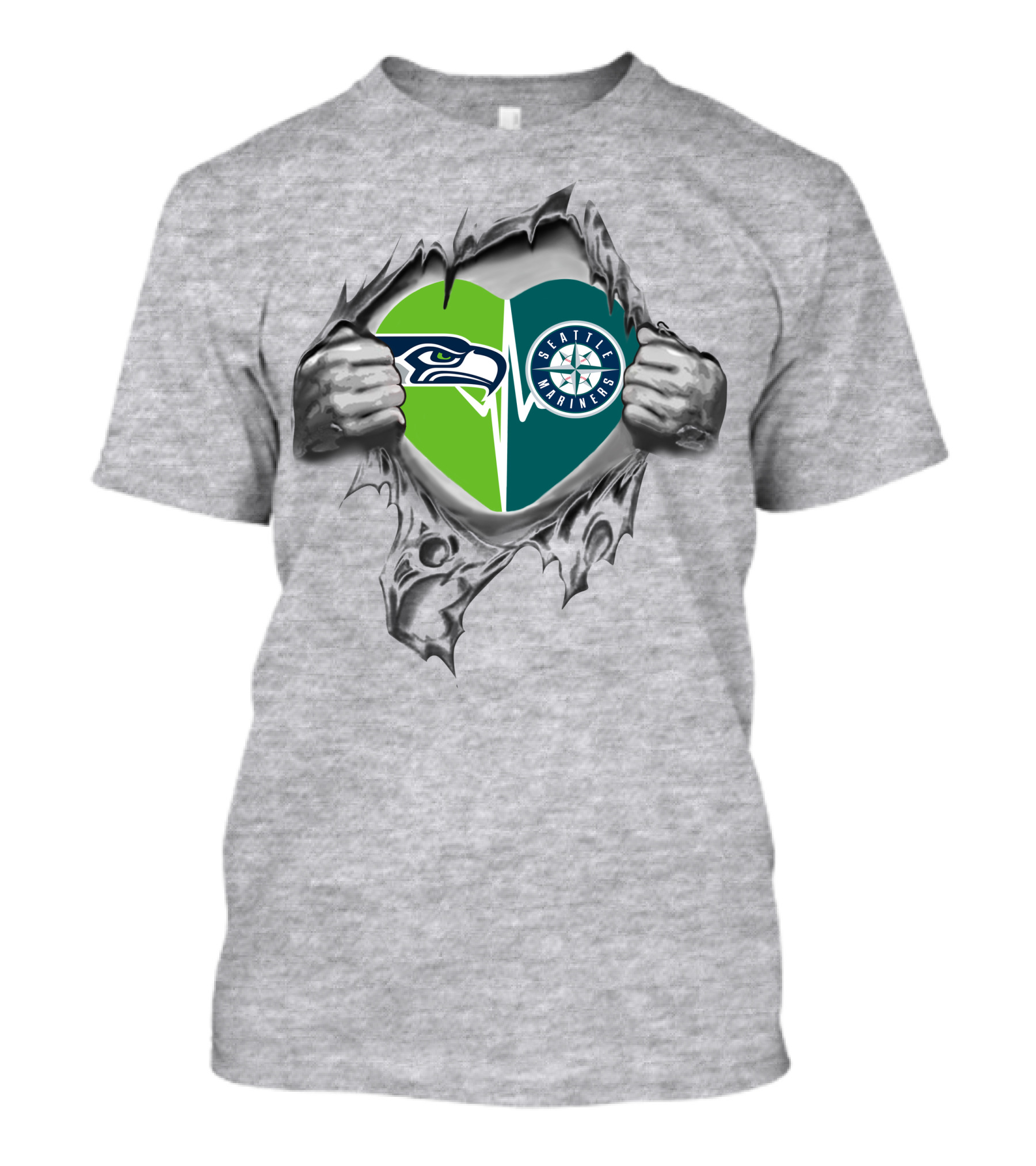 Seattle Seahawks Mariners Heart Design 48 Tear Reveal T-Shirt