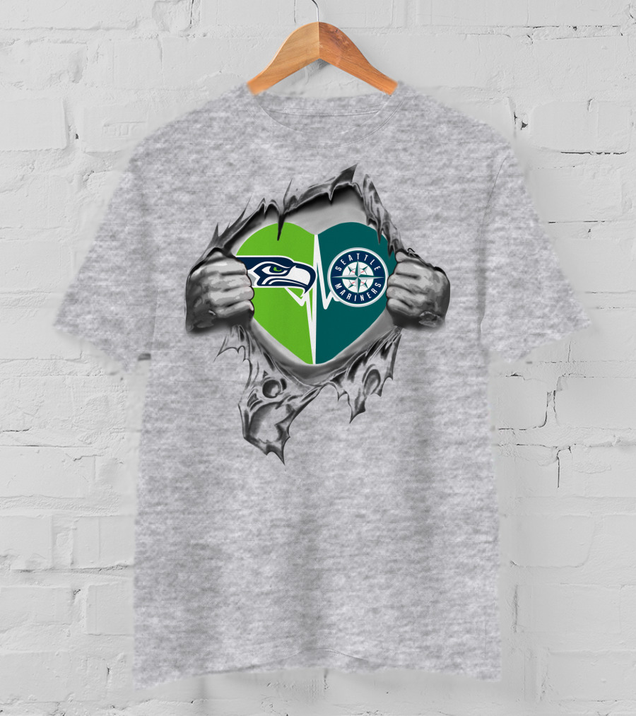 Seattle Seahawks Mariners Heart Design 48 Tear Reveal T-Shirt