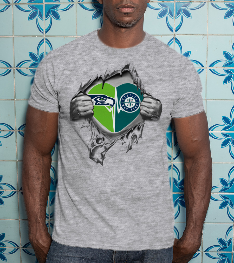 Seattle Seahawks Mariners Heart Design 48 Tear Reveal T-Shirt