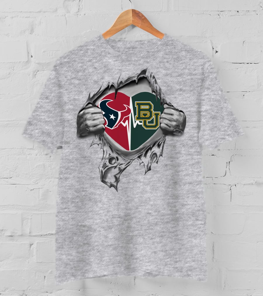 Texans Baylor Bears Heart Split Texans Baylor Bears Logo Heart T-Shirt