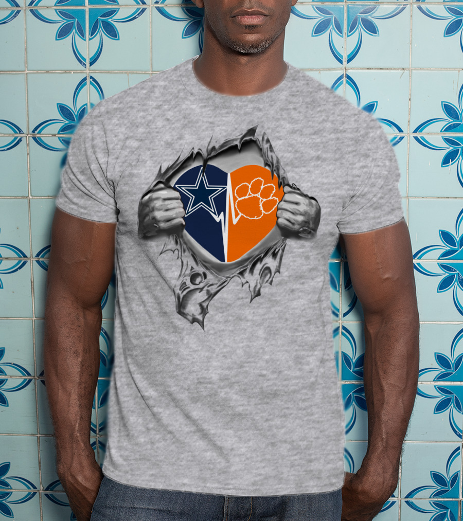 Cowboys Clemson Heart Silhouette With Star And Paw Print T-Shirt