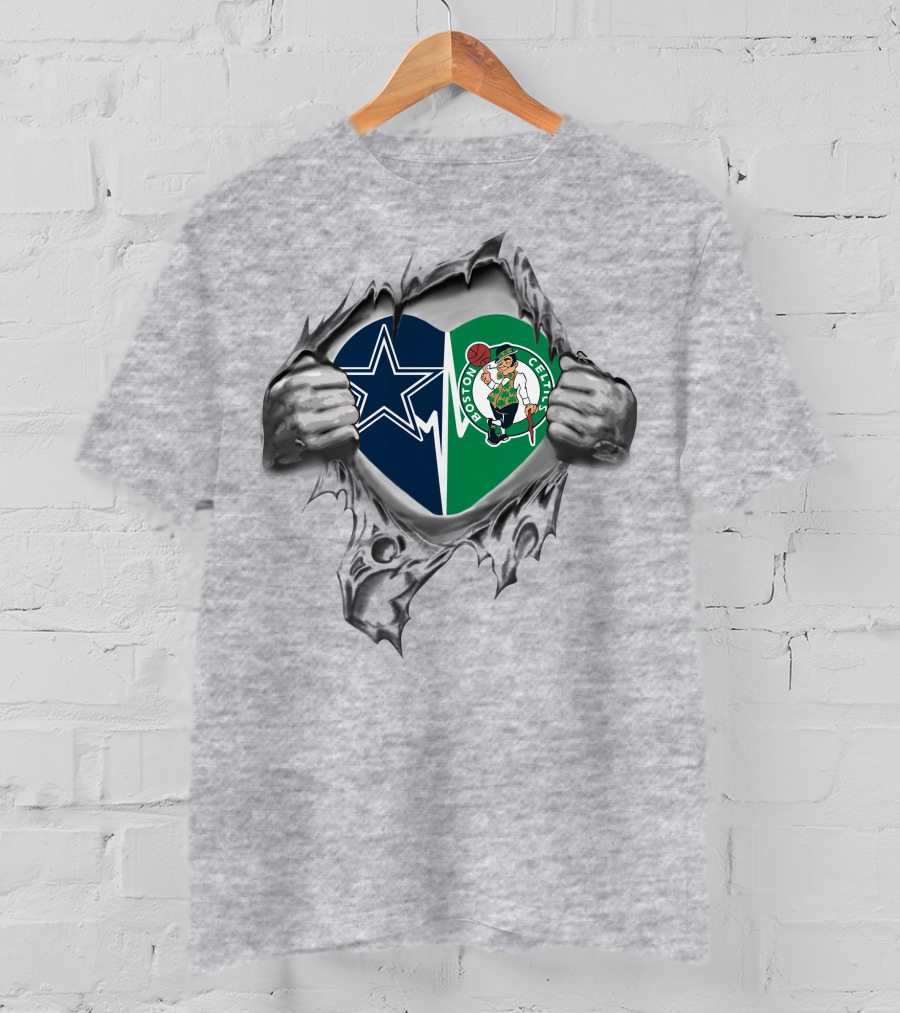 Cowboys Boston Celtics Heart Silver Torn Fabric Hands T-Shirt