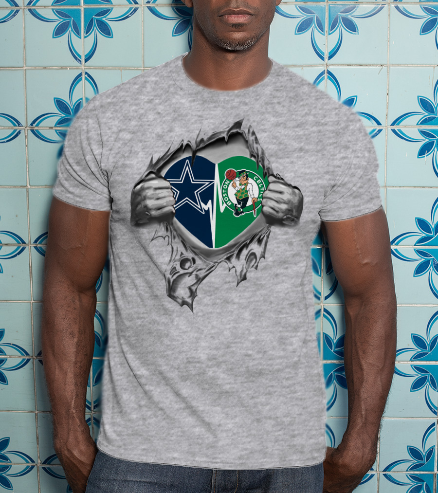 Cowboys Boston Celtics Heart Silver Torn Fabric Hands T-Shirt