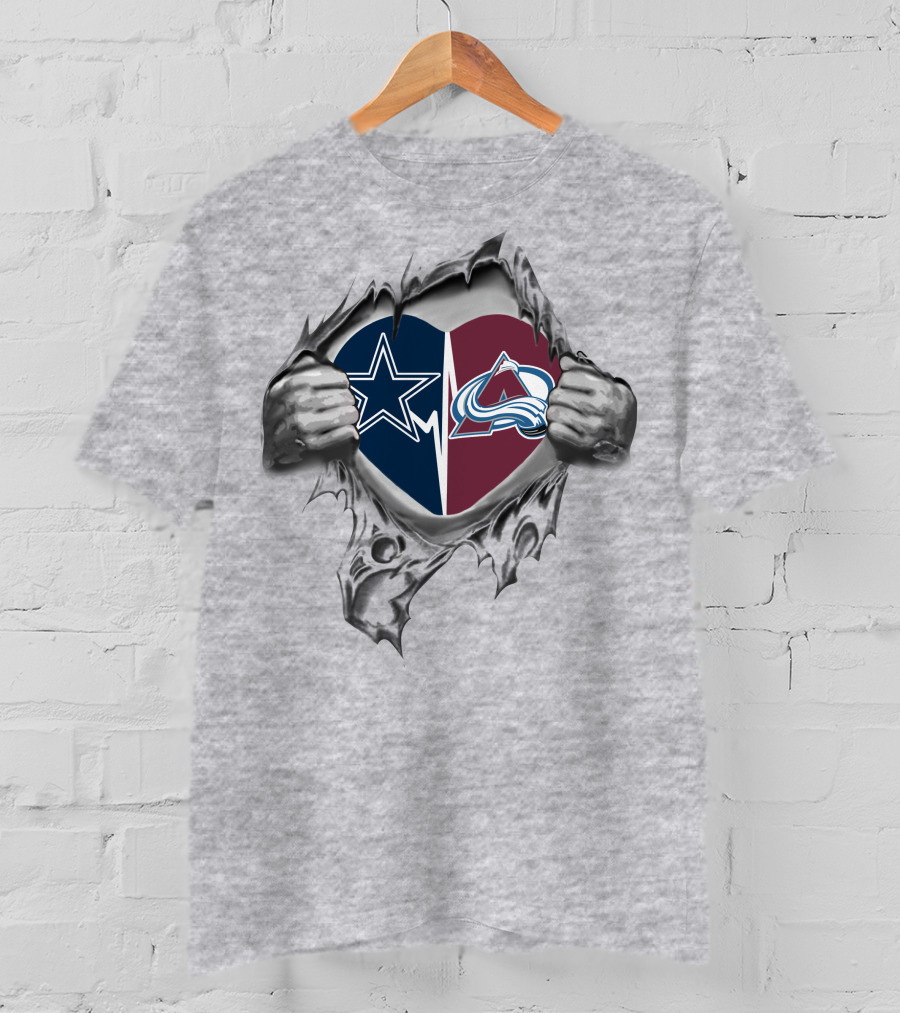Cowboys And Colorado Avalanche Heart Emblem With Torn Fabric T-Shirt