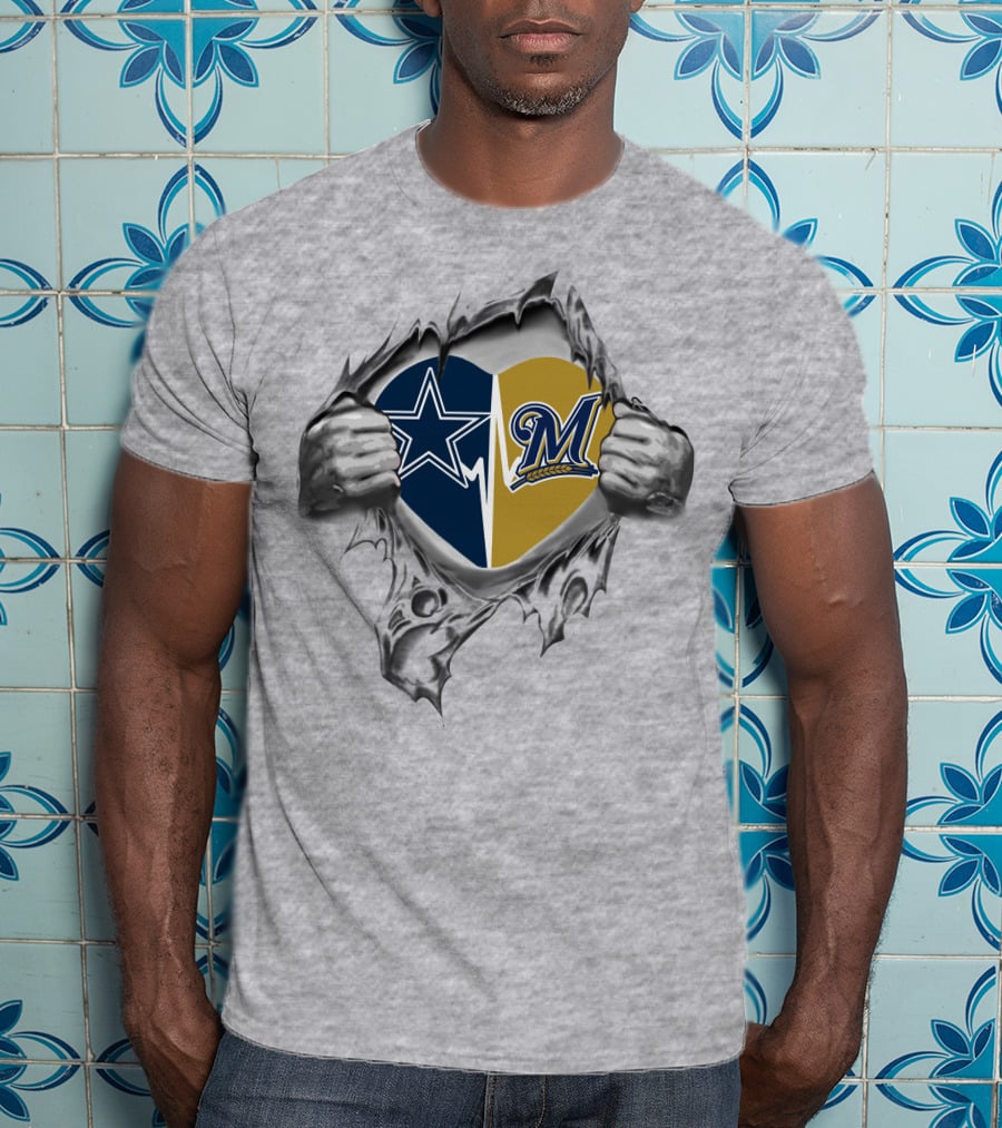 Cowboys Milwaukee Brewers Heart Design With Teams' Logos Inside Torn Effect T-Shirt