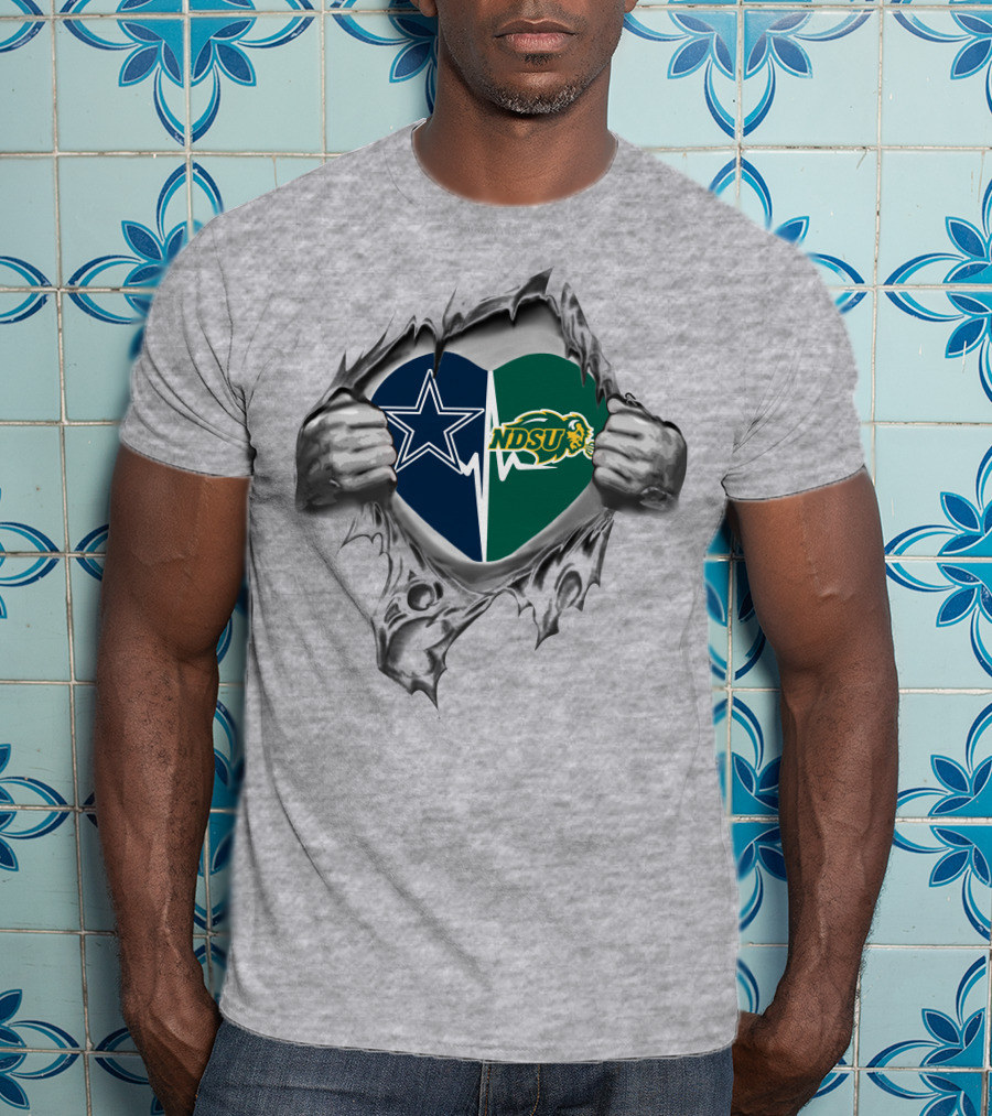 Cowboys North Dakota State Bison Heart Torn Open With Star And Bison Logos T-Shirt