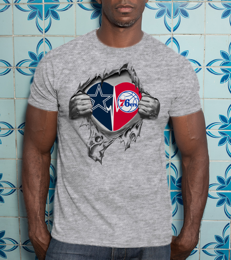 Cowboys 76ers Heart Design Featuring Dallas Star And Philadelphia Basketball Logos T-Shirt