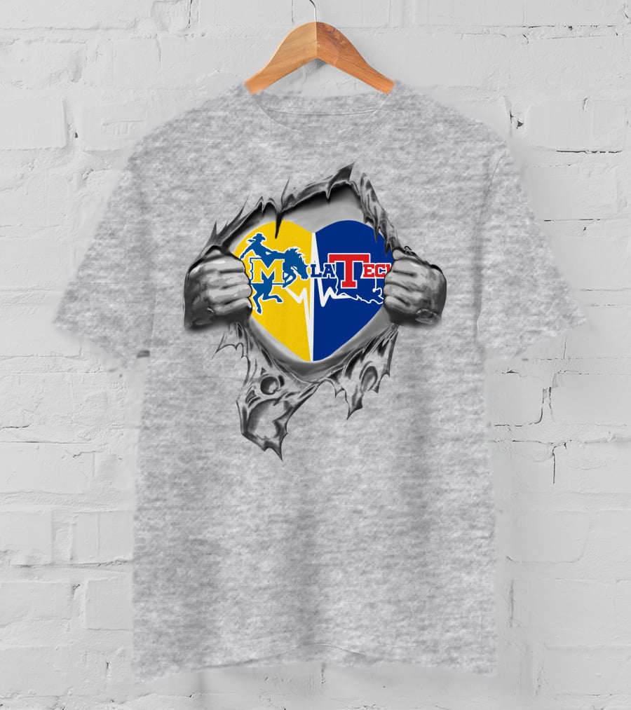 Mcneese La Tech Heart Design With Logos And Torn Effect T-Shirt