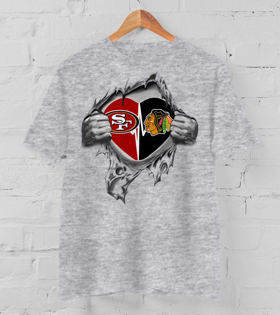 49ers Chicago Blackhawks Heart Split Logo Fan Pride T-Shirt
