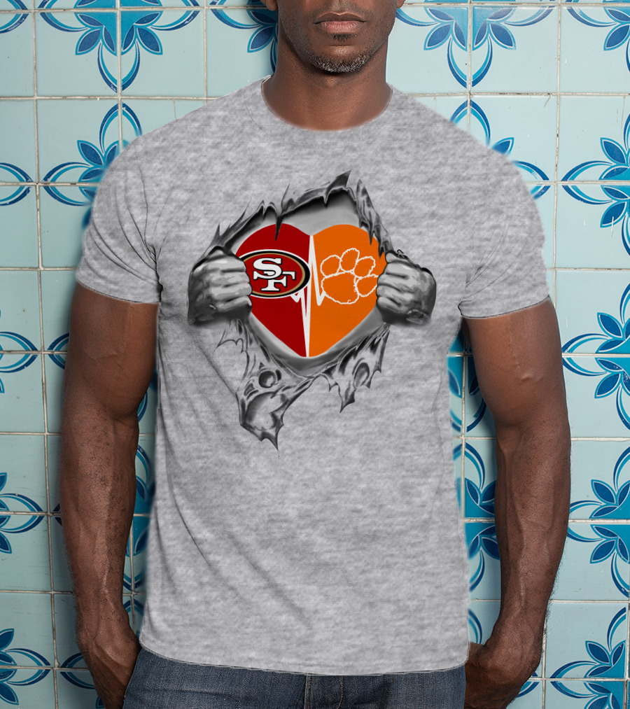 49ers Clemson Tigers Heart San Francisco Logo And Paw Print T-Shirt