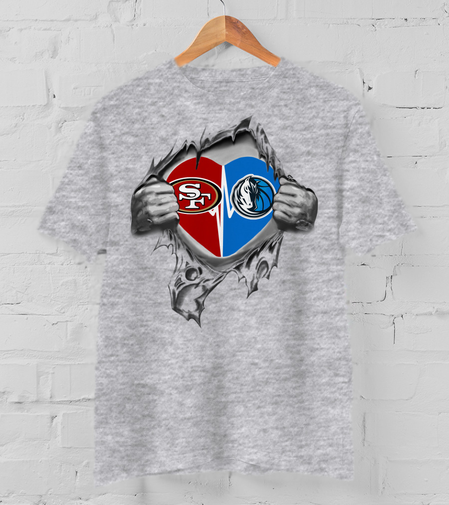 49ers Mavericks Heart Split Logos Peeling Effect Silver Hands T-Shirt