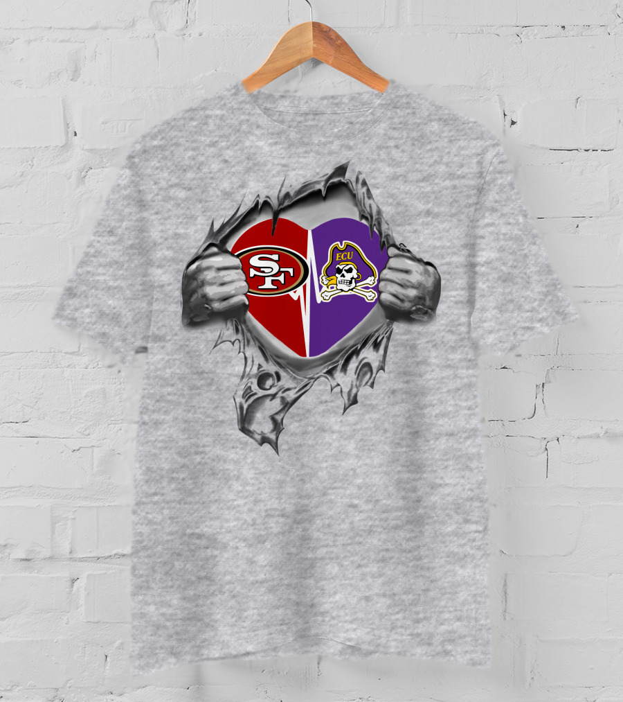 49ers And East Carolina Pirates Split Heart T-Shirt