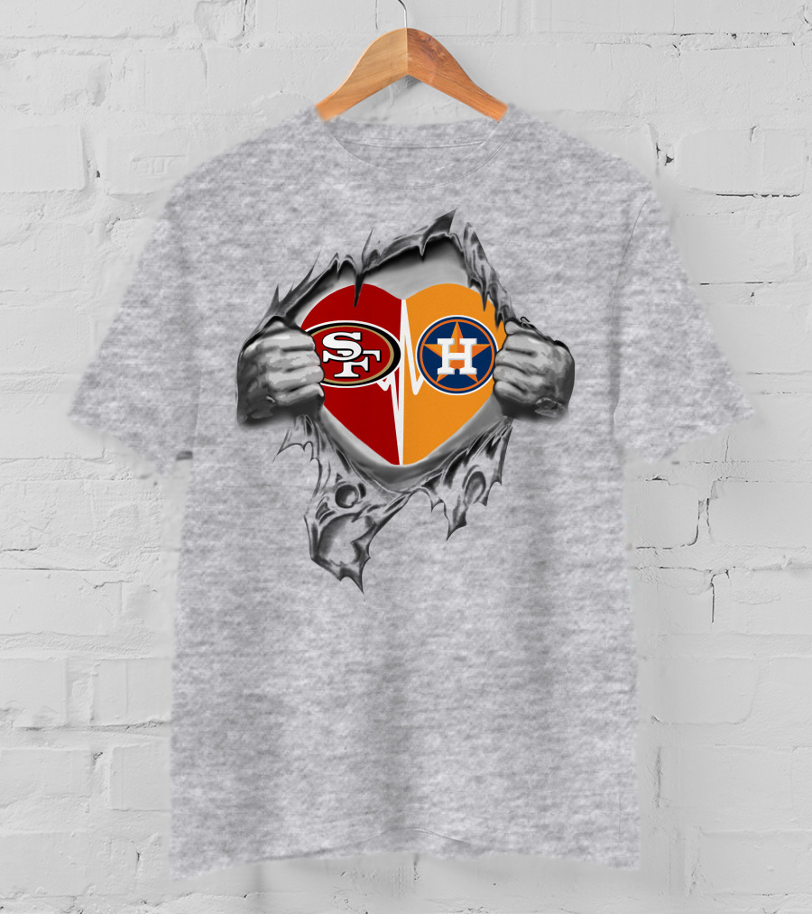 49ers Houston Astros Heart Logos With Ripped Skin Effect T-Shirt