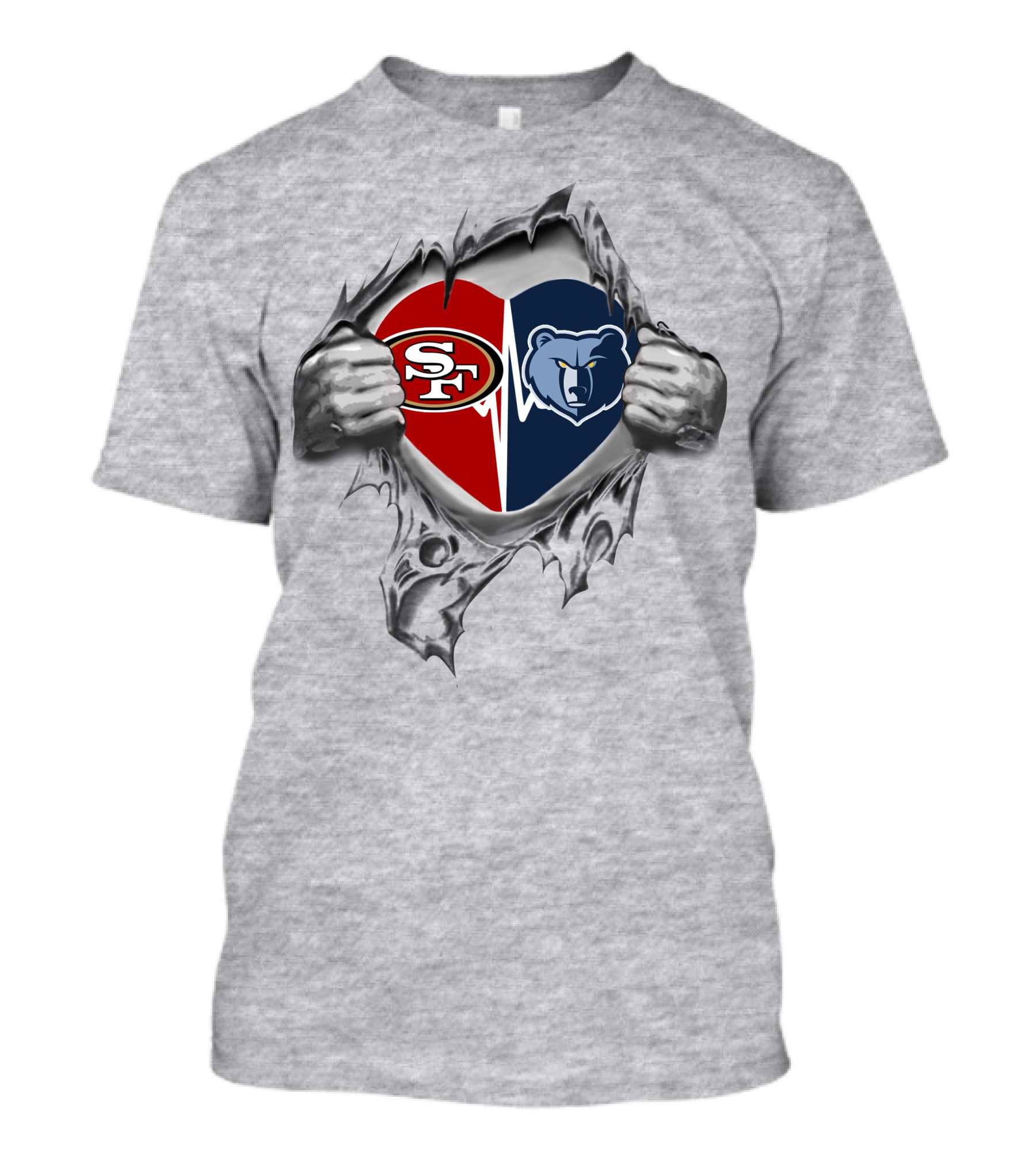 49ers Memphis Grizzlies Heart Logos Inside Torn Fabric T-Shirt
