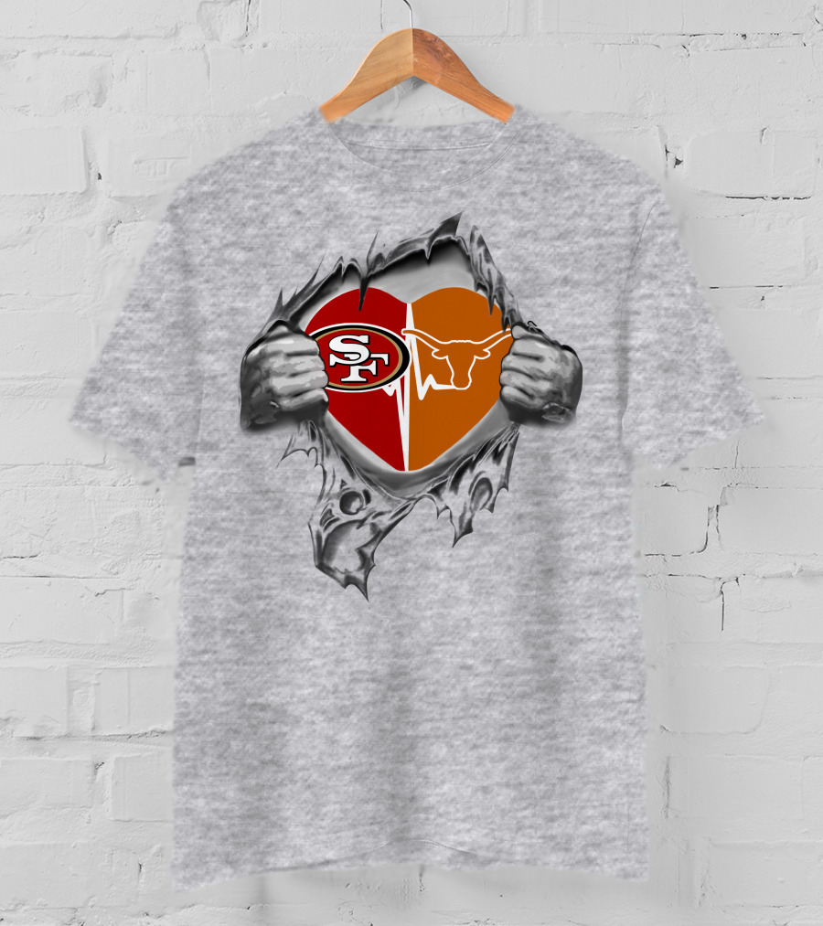 49ers Texas Longhorns Heart Logo Peeling T-Shirt