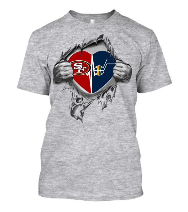 49ers Utah Jazz Heart Logo Fusion With Torn Fabric T-Shirt