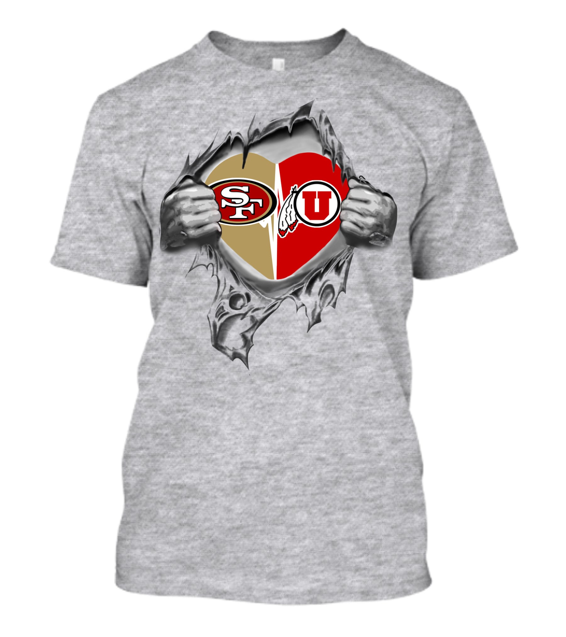 49ers Utah Utes Heart Passion With Logos And Ripping Hands T-Shirt
