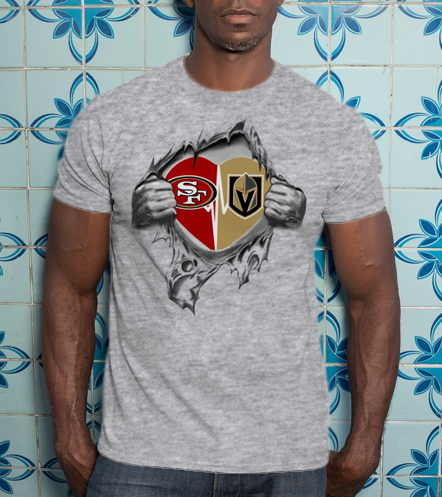 49ers Vegas Golden Knights Heart Design With Tattered Hands T-Shirt