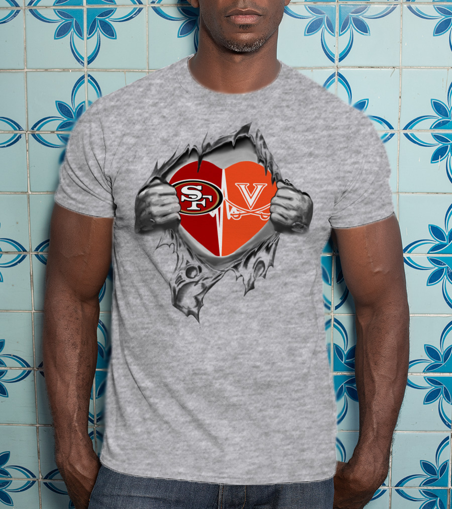 49ers Virginia Cavaliers Heart Logos In Torn Fabric T-Shirt