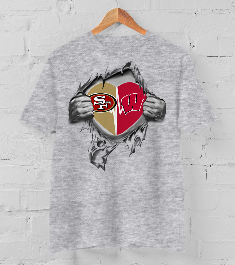 49ers Wisconsin Badgers Heart Logos Tearing Through Art T-Shirt