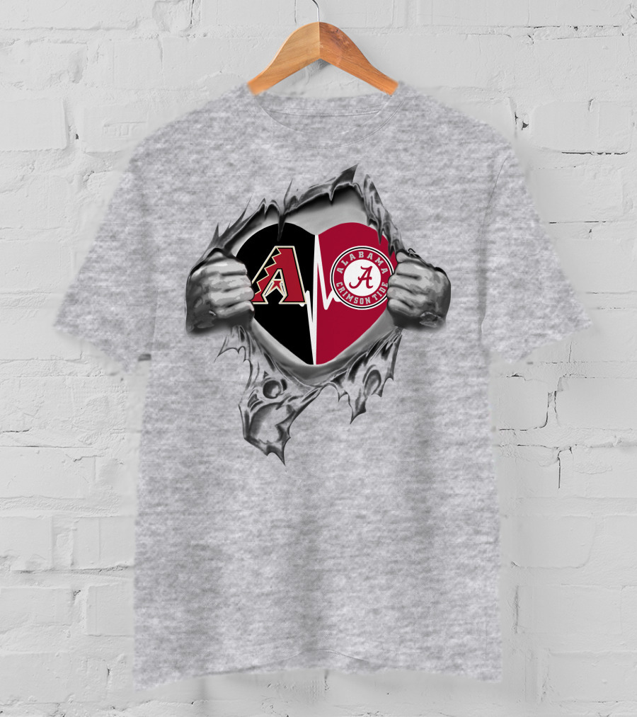 Arizona Diamondbacks Alabama Crimson Tide Heart Logos In Torn Style T-Shirt