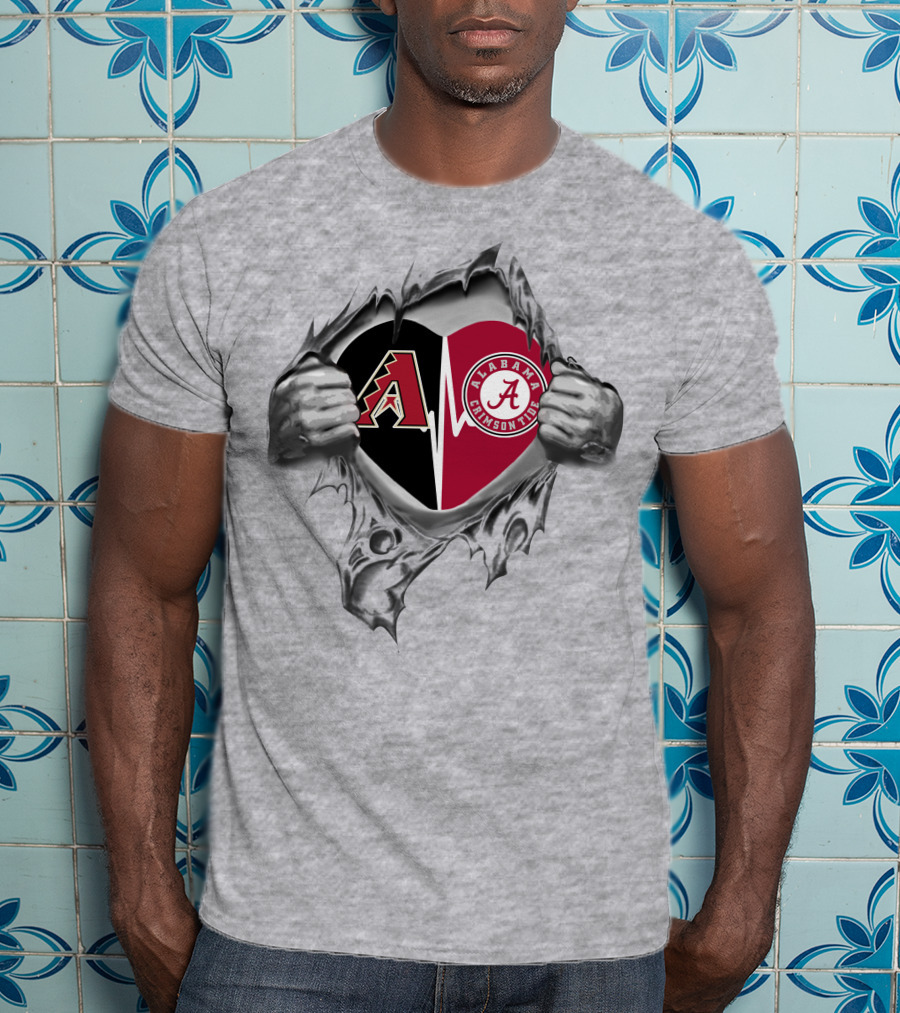 Arizona Diamondbacks Alabama Crimson Tide Heart Logos In Torn Style T-Shirt