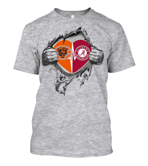 Bears And Alabama Crimson Tide Heart Logos Torn T-Shirt