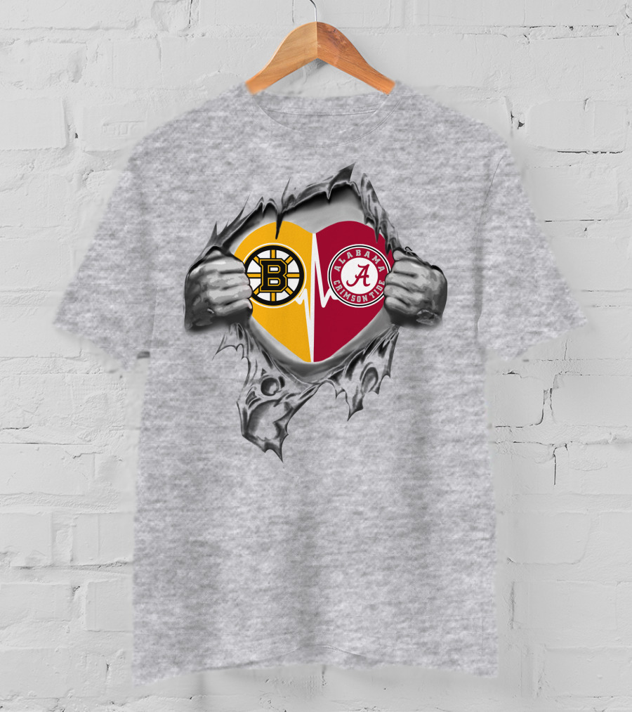 Boston Bruins And Alabama Crimson Tide Heart Torn T-Shirt
