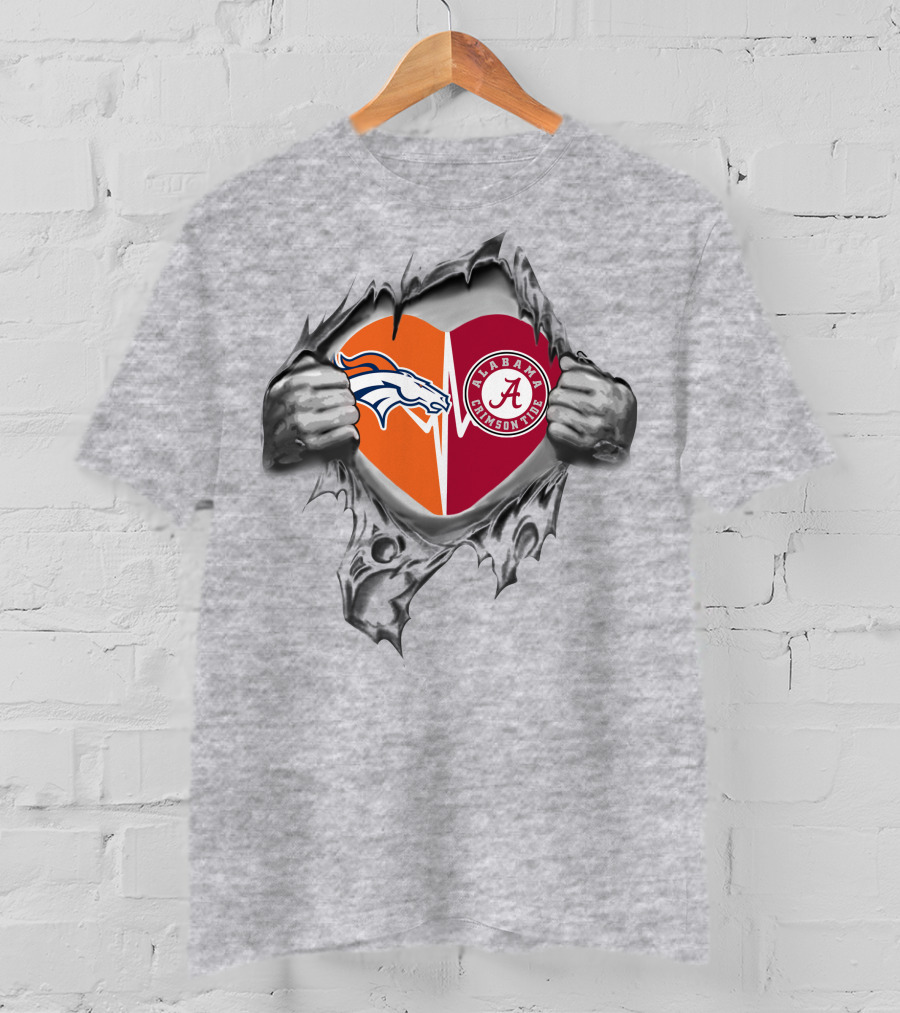 Broncos Alabama Crimson Tide Heart With Ripped Effect T-Shirt
