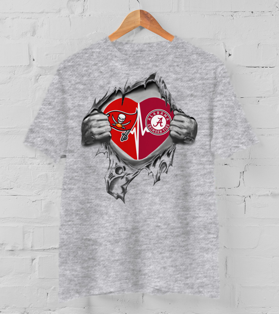 Buccaneers Alabama Crimson Tide Heart Symbol With Torn Fabric T-Shirt