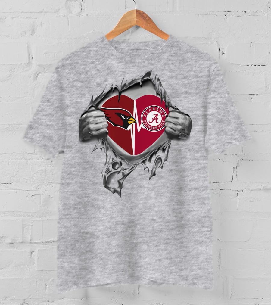 Cardinals Alabama Crimson Tide Heart Symbol Split In Torn T-Shirt