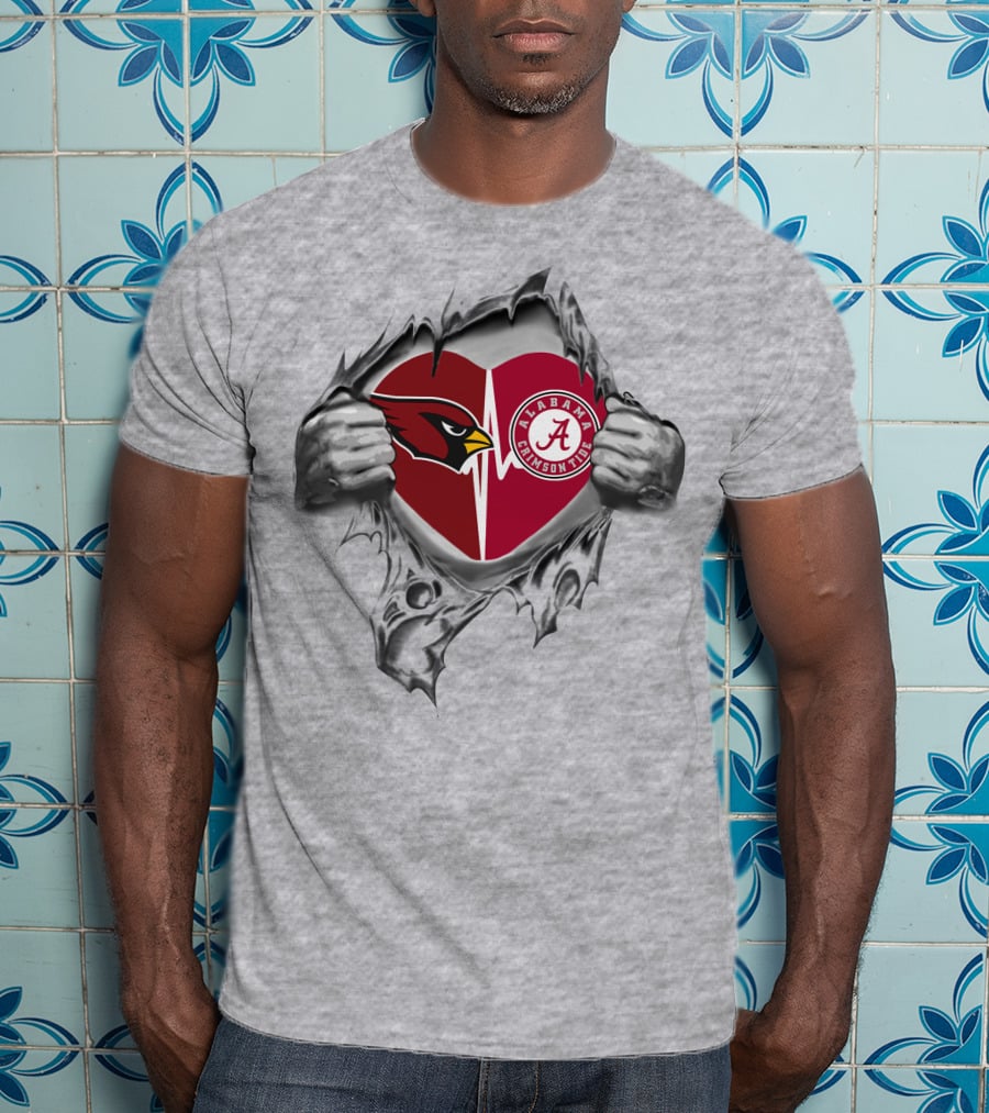 Cardinals Alabama Crimson Tide Heart Symbol Split In Torn T-Shirt