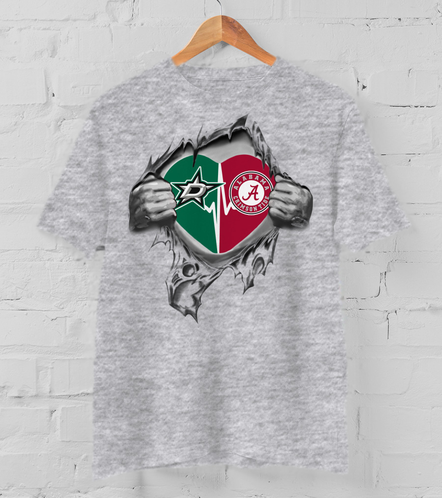 Dallas Stars Alabama Crimson Tide Heart Torn T-Shirt