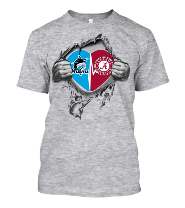 Miami Marlins Alabama Crimson Tide Heart Torn Open T-Shirt