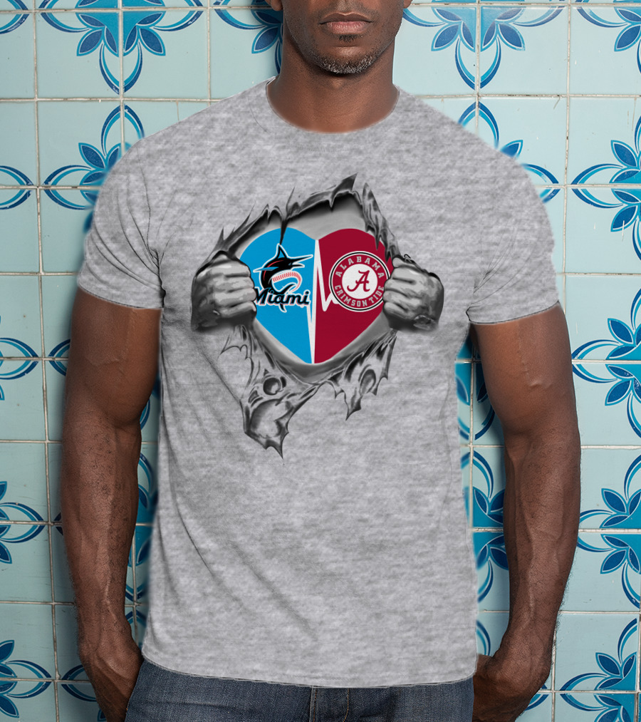 Miami Marlins Alabama Crimson Tide Heart Torn Open T-Shirt