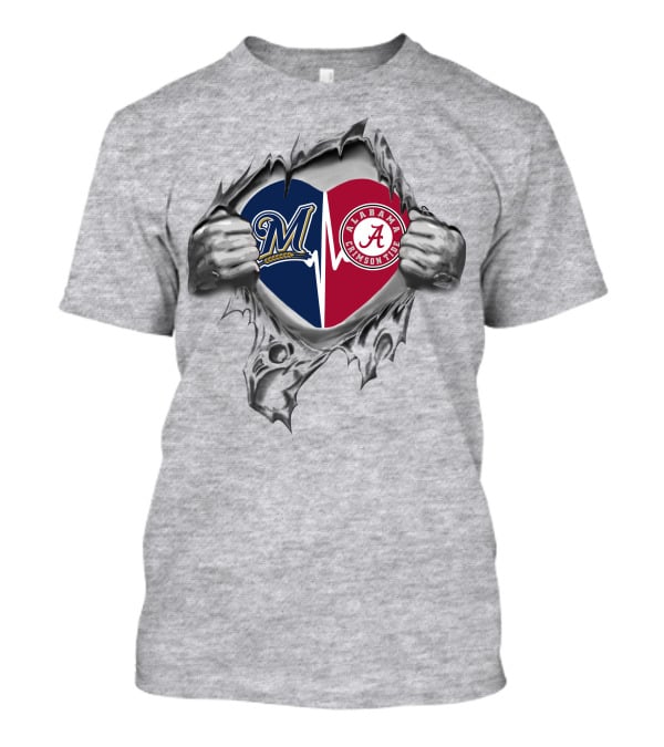 Milwaukee Brewers Alabama Crimson Tide Heart Logo Fusion T-Shirt