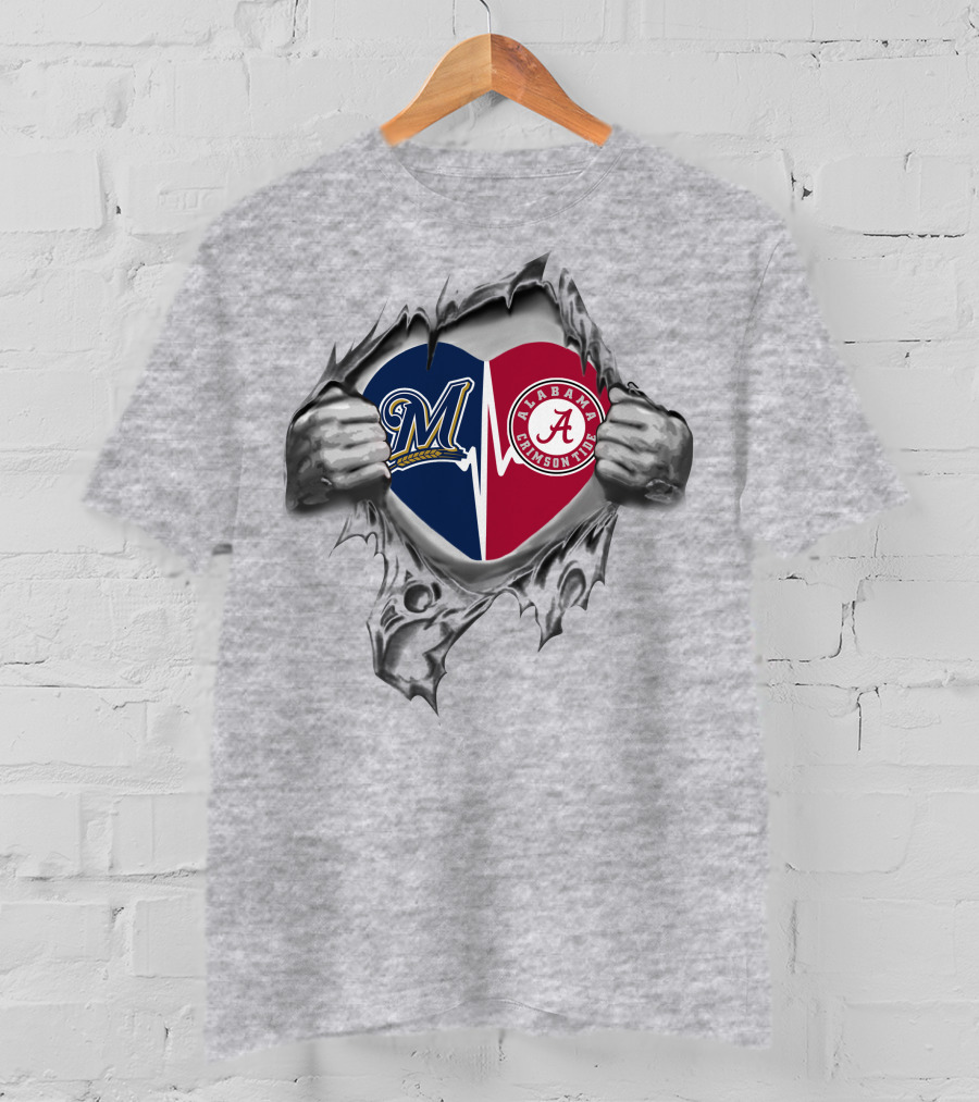 Milwaukee Brewers Alabama Crimson Tide Heart Logo Fusion T-Shirt