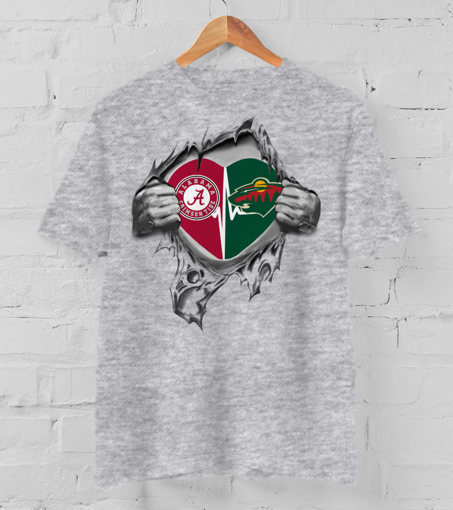 Minnesota Wild Alabama Crimson Tide Heart Logos Ripped T-Shirt