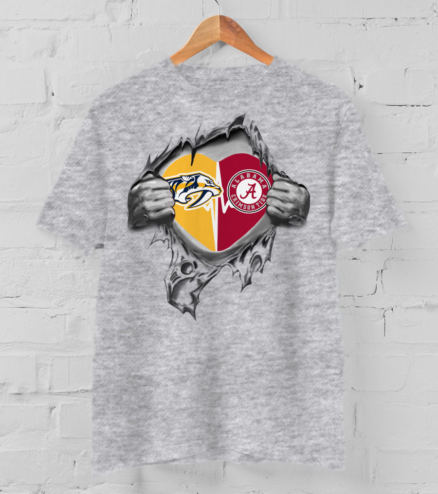 Nashville Predators Alabama Crimson Tide Heart Logo Inside Ripped T-Shirt