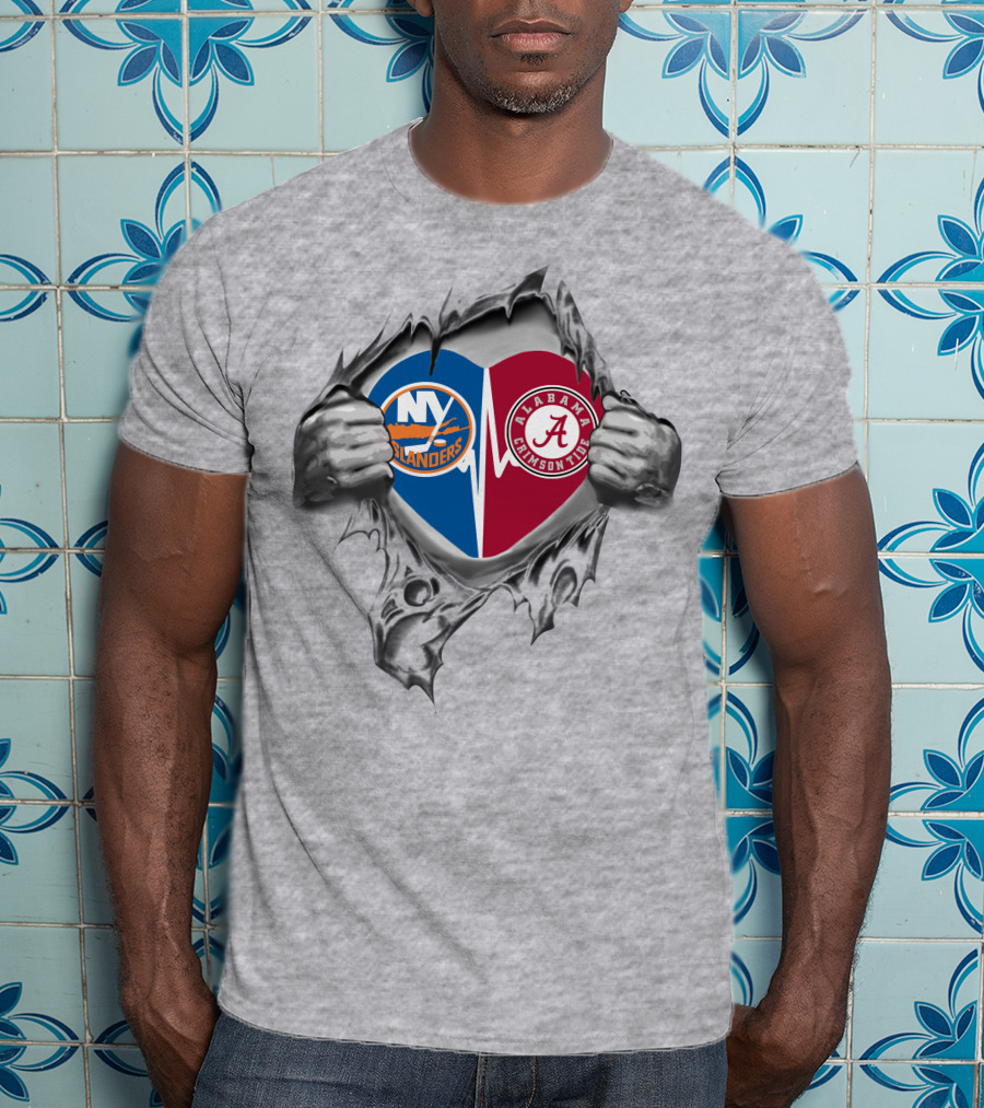 New York Islanders Alabama Crimson Tide Heart Logos Fusion T-Shirt