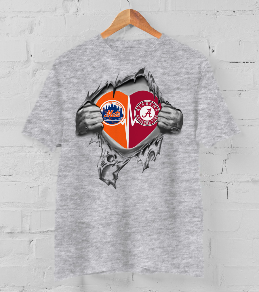New York Mets Alabama Crimson Tide Heartbeat Logo Fan Tribute T-Shirt