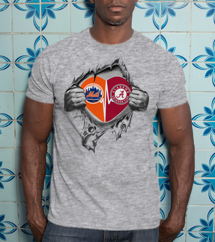 New York Mets Alabama Crimson Tide Heartbeat Logo Fan Tribute T-Shirt