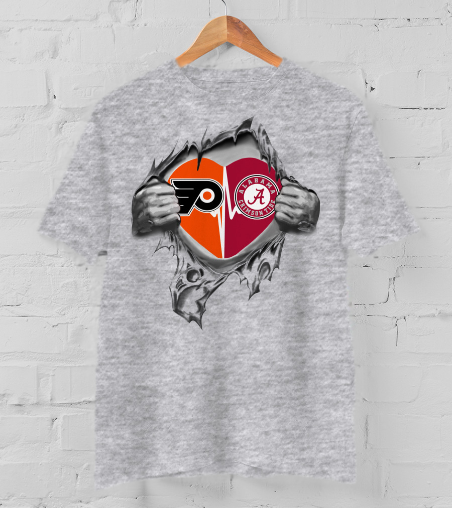 Philadelphia Flyers Alabama Crimson Tide Heart Logo Tear T-Shirt