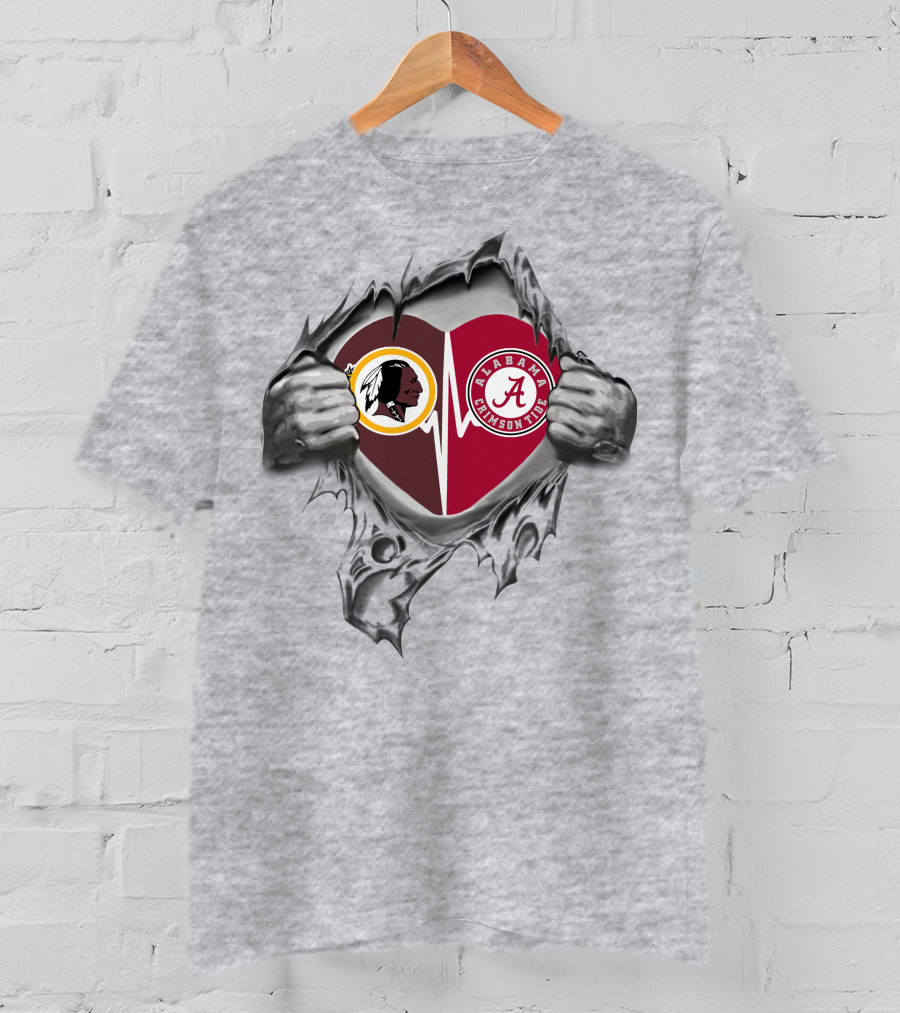 Redskins Alabama Crimson Tide Heartbeat Symbol Connection T-Shirt