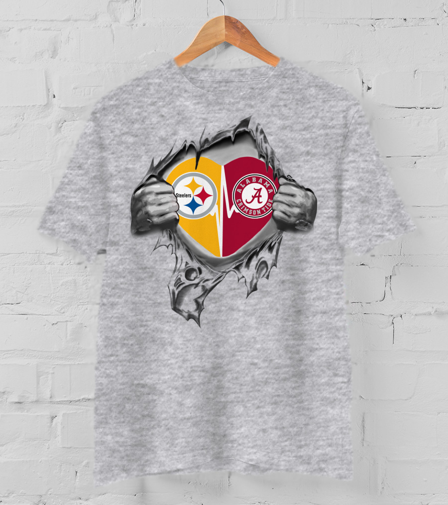 Steelers Alabama Crimson Tide Heart Combined Logos T-Shirt