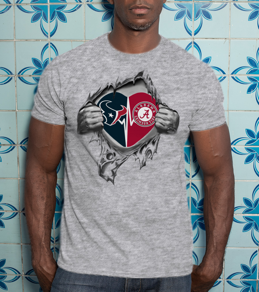 Texans And Alabama Crimson Tide Heart Symbol With Torn T-Shirt