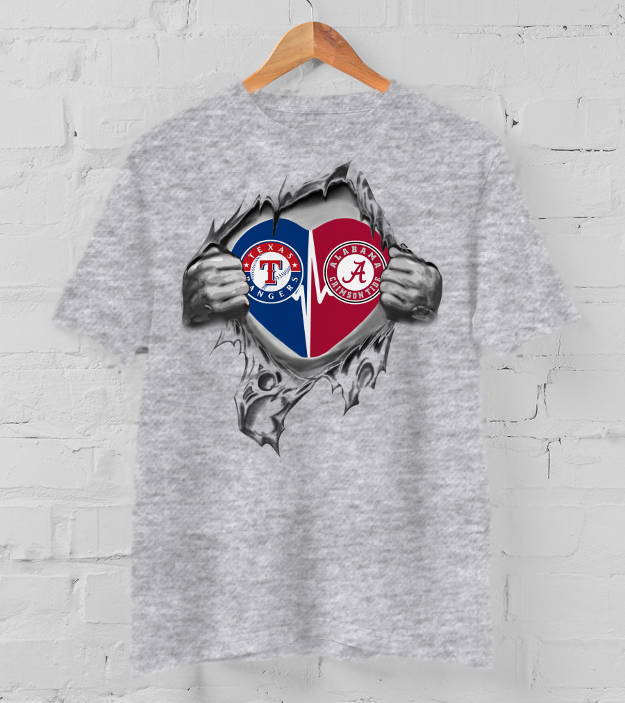 Texas Rangers Alabama Crimson Tide Heart Torn Open T-Shirt